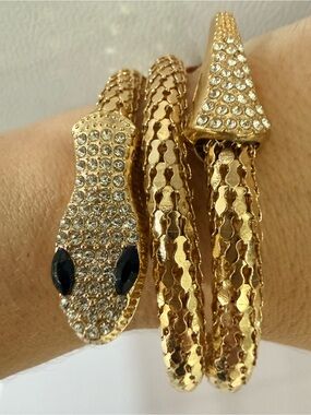 Gold Crystal Snake Wrap Bracelet with Black Stone Eyes
